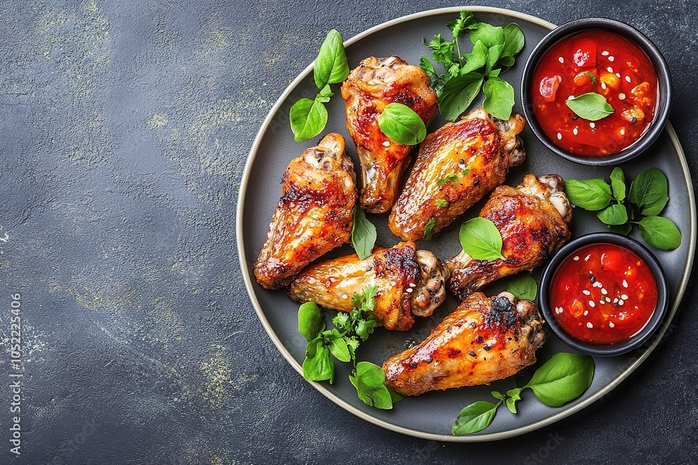 Baked chicken wings in the Asian style and tomatoes sauce on plate. Top view copy space