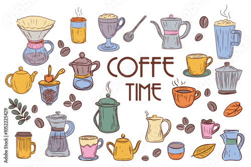Coffee stickers mega set elements in flat graphic design. Collection objects of different cups with hot drink, coffee beans and leaves, pots and kettles for beverage making. Vector illustration.