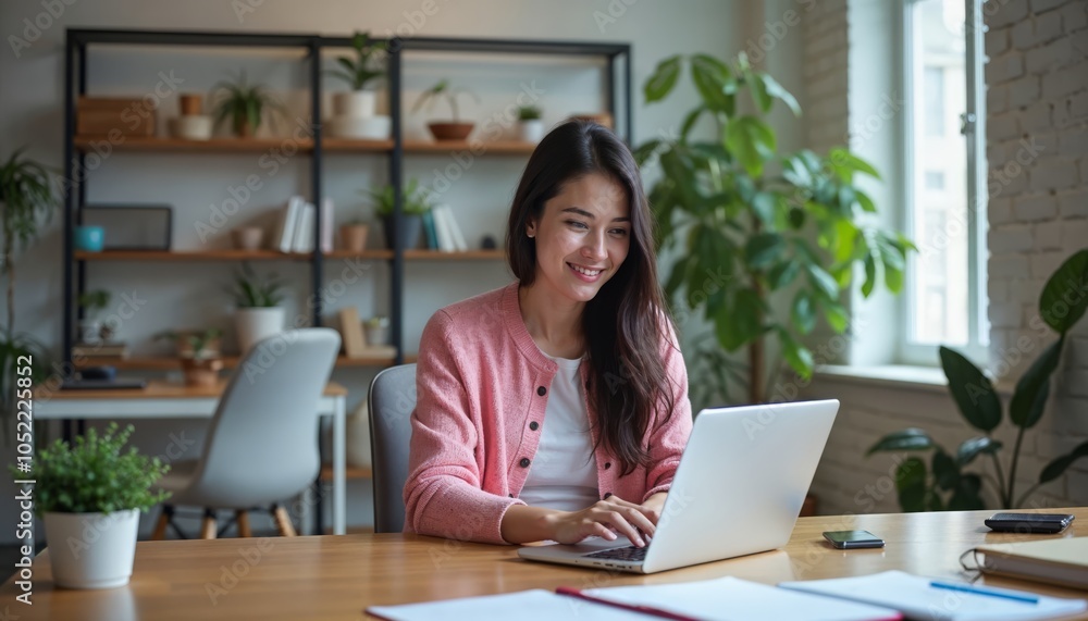 Woman Working on a Laptop in a Modern Office Environment: Perfect for Freelance and Remote Work Themes Woman Working on a Laptop in a Modern Office Environment: Perfect for Freelance and Remote Work Themes