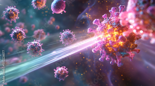 Illustration of microscopic bacteria being eradicated by UV light rays, with a close-up of bacteria cells breaking apart