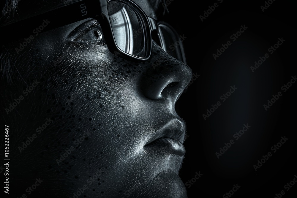 A close-up of a child with glasses, showcasing freckles and an intense gaze against a dark background in an artistic portrait A close-up of a child with glasses, showcasing freckles and an intense gaze against a dark background in an artistic portrait