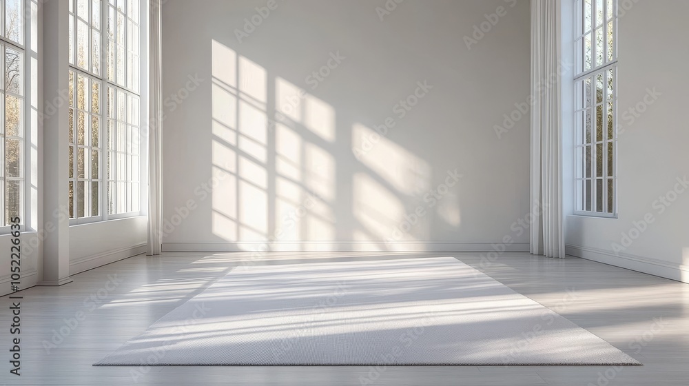 A peaceful empty room with large windows, sunlight streaming through, and a minimalist rug creating an airy atmosphere. A peaceful empty room with large windows, sunlight streaming through, and a minimalist rug creating an airy atmosphere.