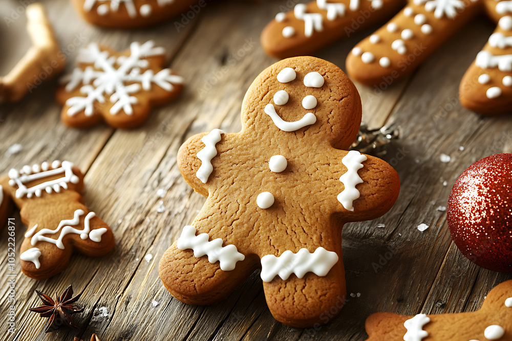 A collection of festive gingerbread cookies, capturing the warm holiday spirit with intricate icing designs and traditional shapes like stars, hearts, and gingerbread people. A collection of festive gingerbread cookies, capturing the warm holiday spirit with intricate icing designs and traditional shapes like stars, hearts, and gingerbread people.