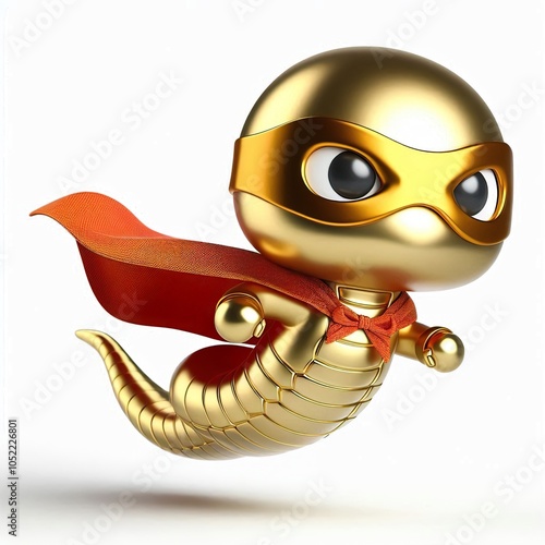 3D superhero gold snake flying with a cloak and mask, white background photo