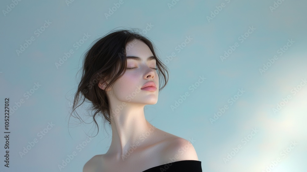 Captivating portrait of a young woman with serene expression and soft lighting emphasizing natural beauty and calm atmosphere Captivating portrait of a young woman with serene expression and soft lighting emphasizing natural beauty and calm atmosphere
