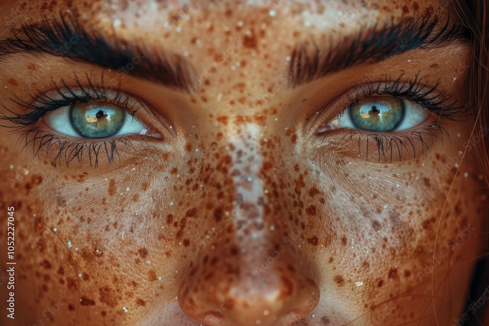 A close-up view of a young woman's face highlighting her freckled skin and striking blue-green eyes in a natural outdoor setting A close-up view of a young woman's face highlighting her freckled skin and striking blue-green eyes in a natural outdoor setting