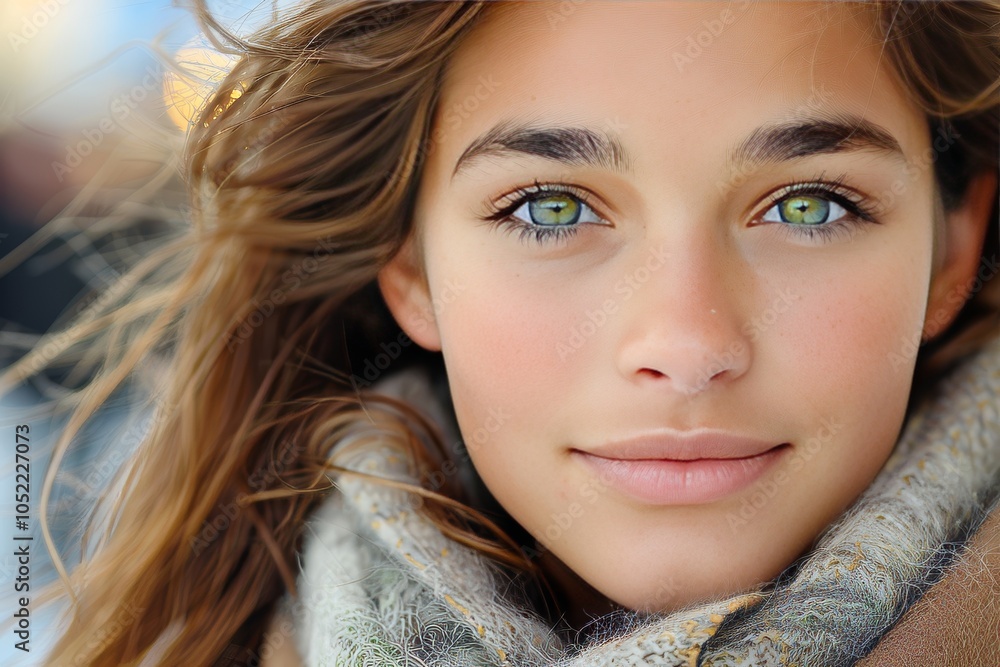 A young woman with striking green eyes smiles warmly while wrapped in a cozy scarf outdoors during winter, with soft natural lighting A young woman with striking green eyes smiles warmly while wrapped in a cozy scarf outdoors during winter, with soft natural lighting