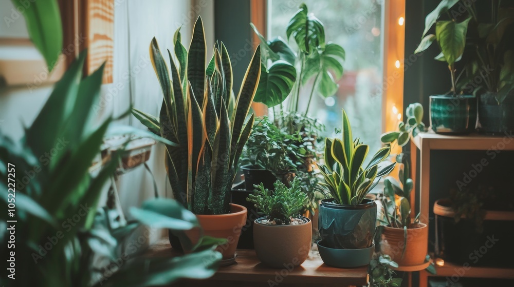 Fototapeta premium A collection of vibrant indoor houseplants arranged by a sunlight-filled window, offering a lively and natural display.