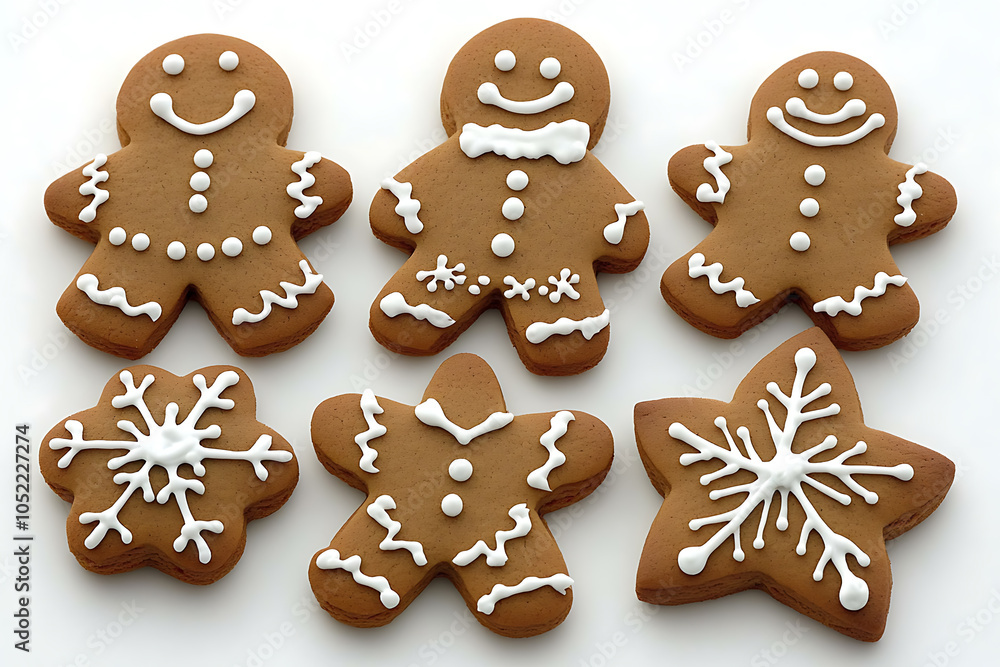 A collection of festive gingerbread cookies, capturing the warm holiday spirit with intricate icing designs and traditional shapes like stars, hearts, and gingerbread people. A collection of festive gingerbread cookies, capturing the warm holiday spirit with intricate icing designs and traditional shapes like stars, hearts, and gingerbread people.