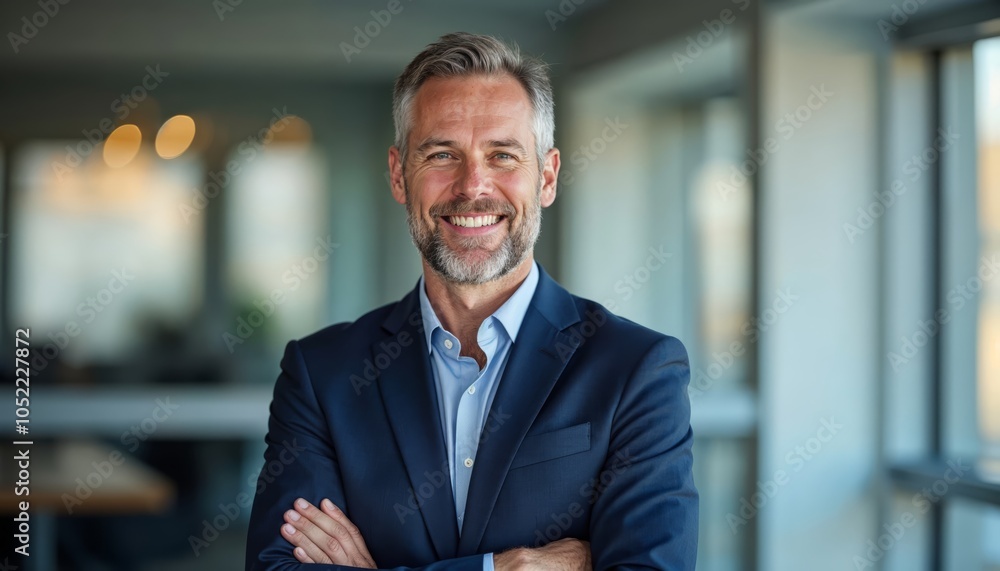Confident Businessman Smiling in a Modern Office Environment – Perfect for Professional Use in Marketing, Leadership, and Success Themes Confident Businessman Smiling in a Modern Office Environment – Perfect for Professional Use in Marketing, Leadership, and Success Themes