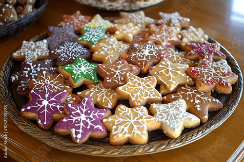 A collection of festive gingerbread cookies, capturing the warm holiday spirit with intricate icing designs and traditional shapes like stars, hearts, and gingerbread people.