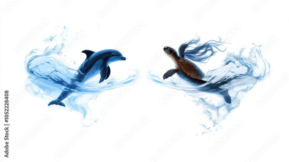 Fototapeta premium Dolphin and Turtle in Water