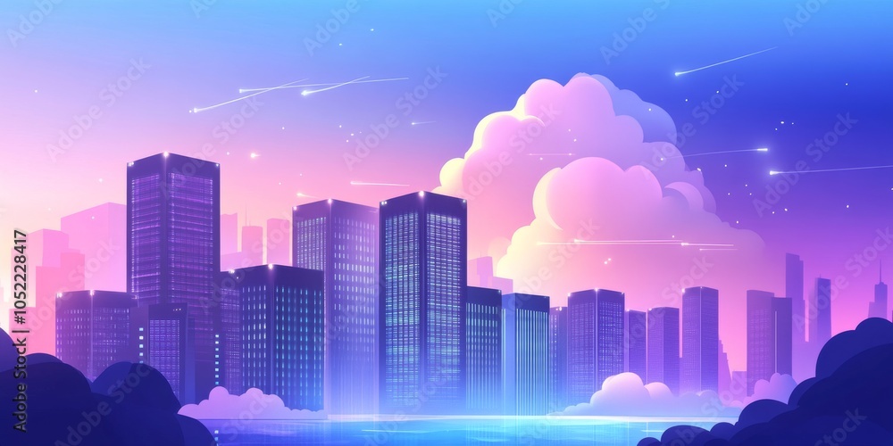 Fototapeta premium A city skyline with a database building, symbolizing how cloud computing stores data. This represents the vastness of data storage and the technology behind it.