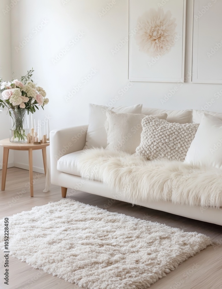 A minimalist white sofa with fluffy throws and an art piece on the wall, exuding comfort and modernity in a living room. A minimalist white sofa with fluffy throws and an art piece on the wall, exuding comfort and modernity in a living room.