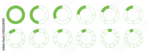 Circles divided diagram 1, 2, 3, 10, 7, 8, 9, 10, 11, 12 equal parts. Coaching blank round template. Graph icon pie, pizza shaped sectional charts. Segmented green wheels. Divide infographic icons.