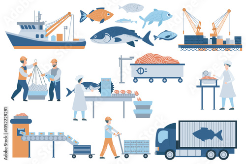 Fish industry mega set elements in flat graphic design. Collection objects of ship, catching trawler, fisherman with net, cut line conveyor, canned tuna production machine, other. Vector illustration.