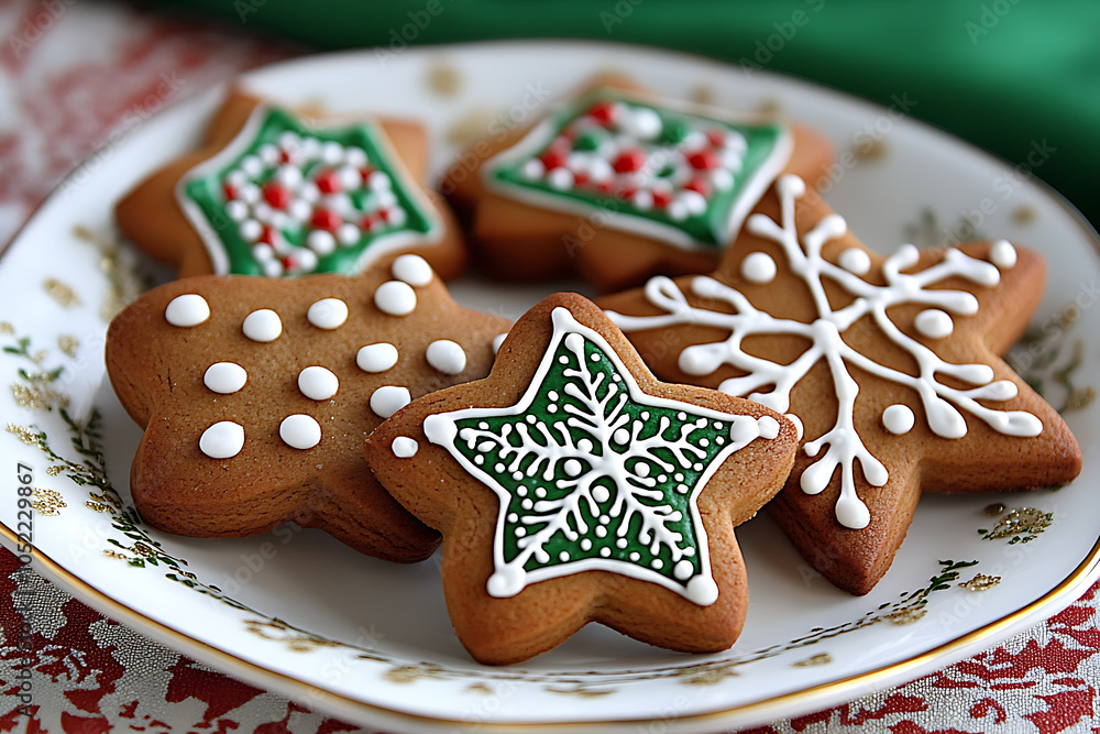 A collection of festive gingerbread cookies, capturing the warm holiday spirit with intricate icing designs and traditional shapes like stars, hearts, and gingerbread people. A collection of festive gingerbread cookies, capturing the warm holiday spirit with intricate icing designs and traditional shapes like stars, hearts, and gingerbread people.