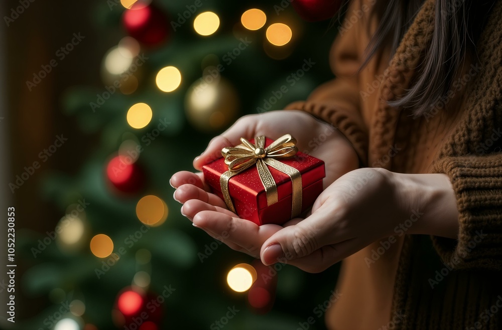 Hands holding present, decorated Christmas tree in the background, close-up Hands holding present, decorated Christmas tree in the background, close-up
