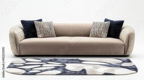 This image showcases a beige sofa with distinctive cushions, an artistic rug, offering a chic and modern interior setting. photo