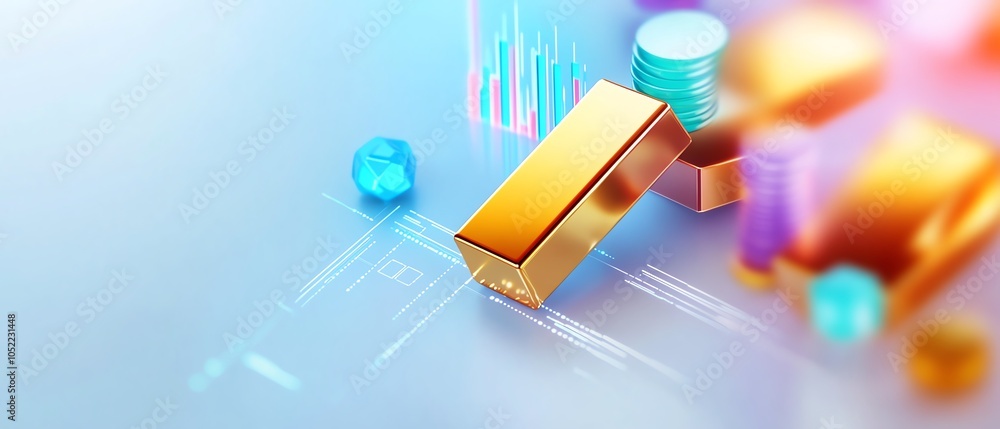 Abstract image of gold bars on a timeline with various asset icons, symbolizing diversification and sustained growth over time Abstract image of gold bars on a timeline with various asset icons, symbolizing diversification and sustained growth over time