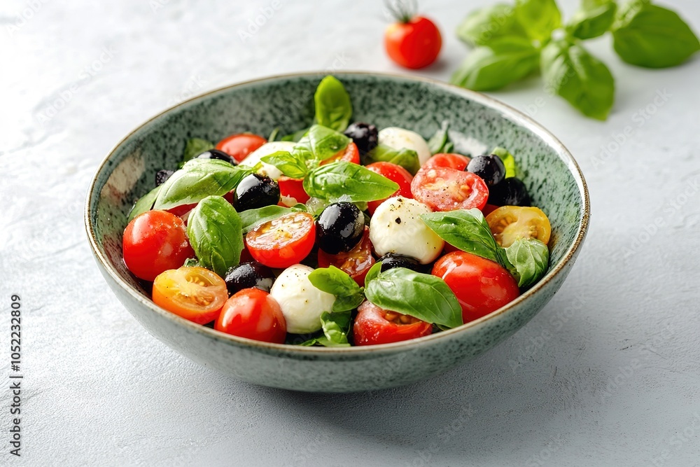 Fresh salad with cherry tomatoes, basil, mozzarella and black olives Fresh salad with cherry tomatoes, basil, mozzarella and black olives