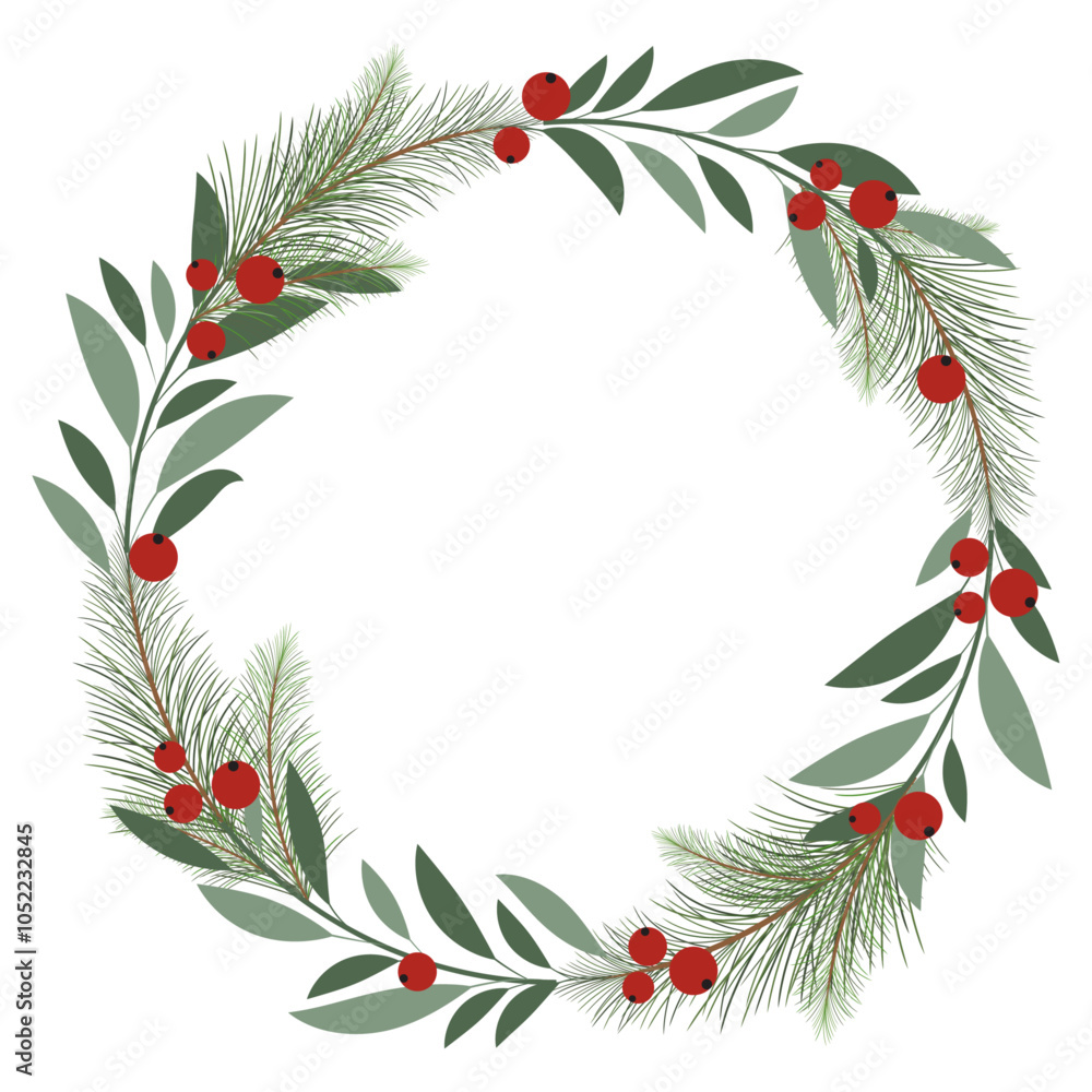 Naklejka premium Christmas wreath with red berries on green leaf branches and leaves isolated on white background. Vector illustration christmas and new year garland.