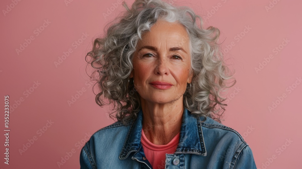 Confident Woman with Gray Hair in Denim Jacket Confident Woman with Gray Hair in Denim Jacket