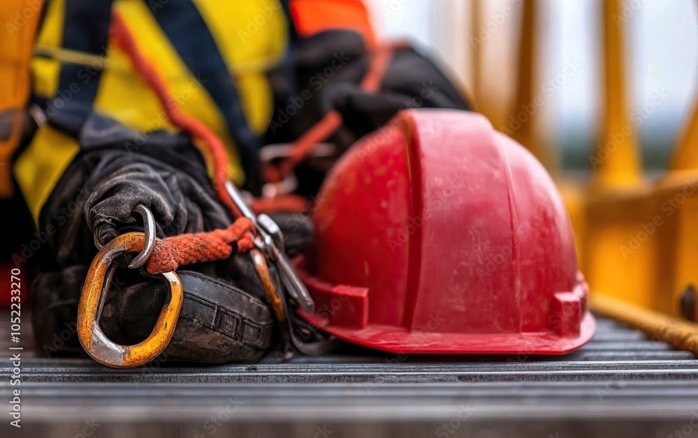 Fototapeta premium A safety helmet and harness gear are placed on a metal surface, highlighting construction work and worker safety equipment.