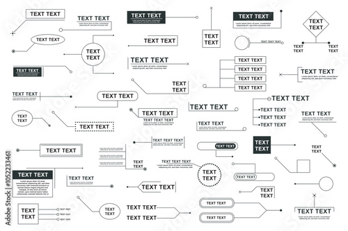 Hud callout titles mega set elements in flat graphic design. Collection objects of simple callout bar labels, different style of digital info boxes, frame text layouts with lines. Vector illustration.