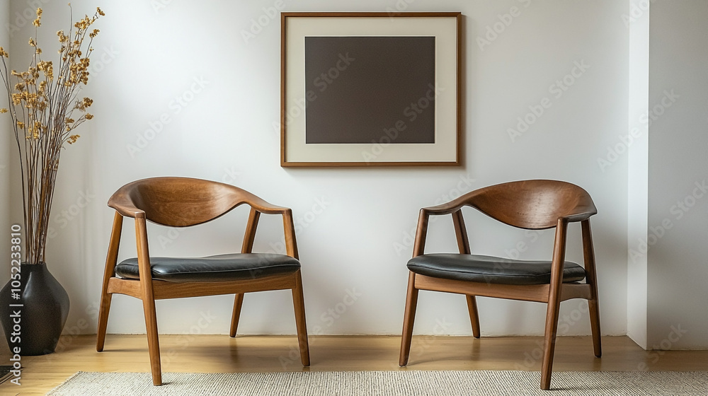 Blank Frame Mockup in Modern Interior with Trendy Vase and Chair, Mock up poster frame on white wall. Interior design of modern living room with armchair. Blank Frame Mockup in Modern Interior with Trendy Vase and Chair, Mock up poster frame on white wall. Interior design of modern living room with armchair.