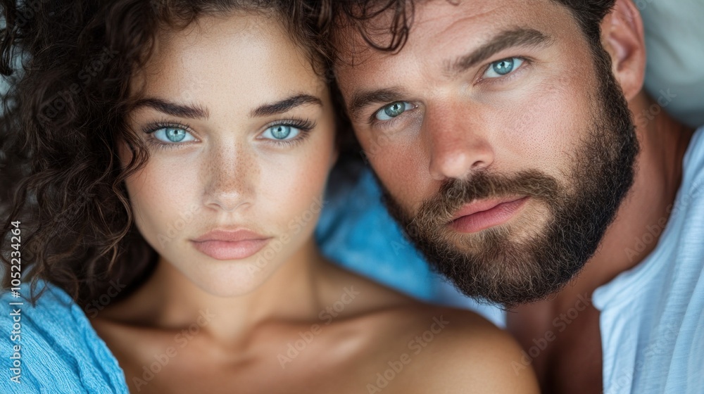 A man and woman lean closely together, their striking blue eyes creating a deep connection. The soft natural light highlights their features, enhancing the moment’s intimacy A man and woman lean closely together, their striking blue eyes creating a deep connection. The soft natural light highlights their features, enhancing the moment’s intimacy
