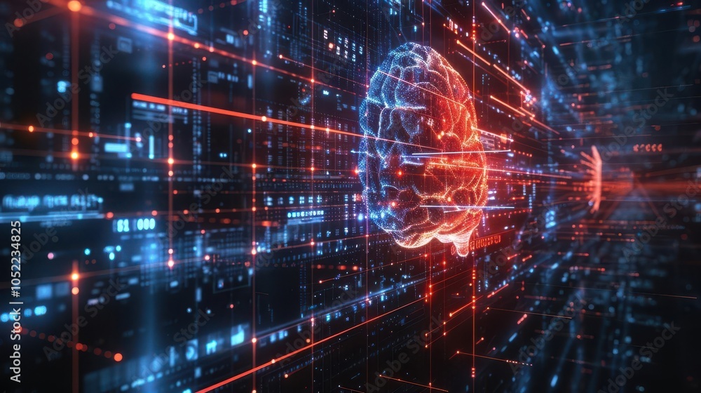 Futuristic digital brain connected to glowing data lines, representing artificial intelligence and advanced technology concepts.
