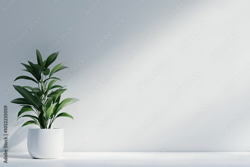 Minimalist White Wall Background with a Single Green Plant Minimalist White Wall Background with a Single Green Plant