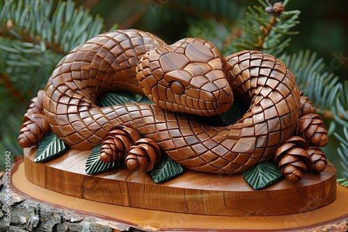 Intricately carved wooden snake sculpture resting on a log surrounded by pine needles and cones in a natural outdoor setting