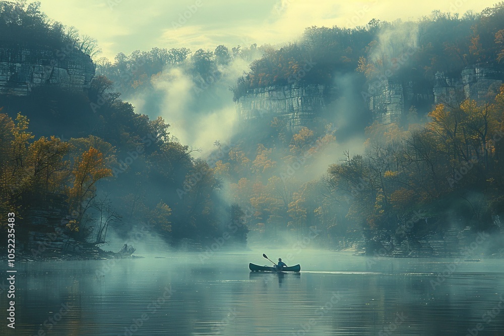Fototapeta premium A serene autumn morning on a misty lake with a lone canoeist paddling through tranquil waters in the midst of nature's beauty