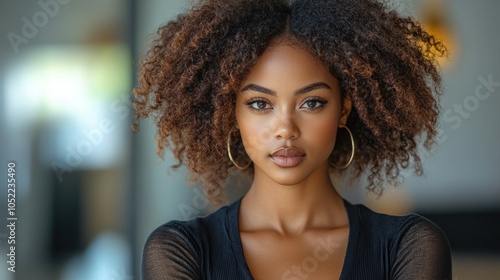 A young woman with beautiful curly hair stands confidently in a well-lit indoor space, exuding charm and poise while looking directly at the viewer