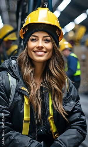 a factory engineer who is female. Girl by industrial pipes with a laptop. The compressor station's yellow piping. An engineer manages the factory's gas supply.
