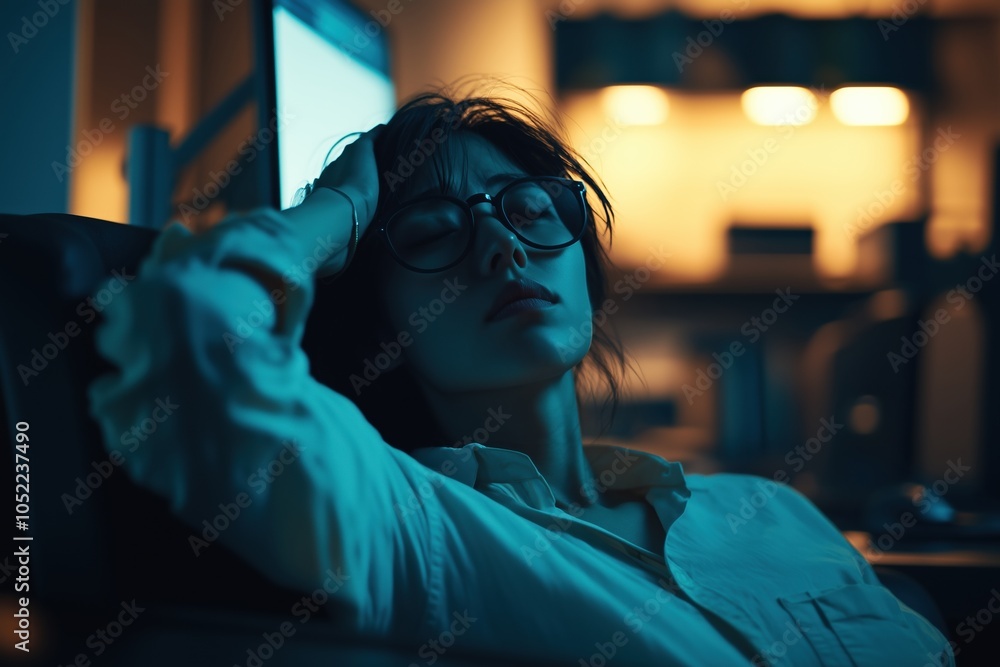 Stressed Office Worker at Night in Dimly Lit Workspace Stressed Office Worker at Night in Dimly Lit Workspace