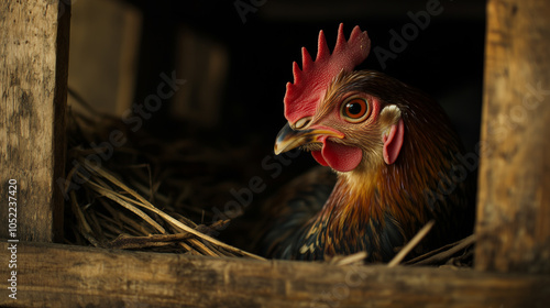 Close-up de uma galinha em um ninho de madeira com palha em uma fazenda photo