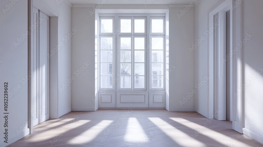 Fototapeta premium This image depicts a minimalist empty room with floor-to-ceiling windows flooding the space with white light.
