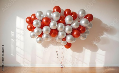 A bunch of red and silver balloons on the wthite wall for party background. AI generated photo