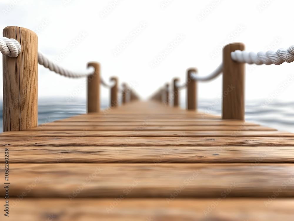 Obraz premium A serene wooden pier extending over calm waters, inviting tranquility and reflection, perfect for seaside escapes.