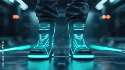 3D rendering of futuristic boots with glowing neon lines and metallic textures, set against a sci-fi backdrop, Futuristic boots, Cyberpunk fashion