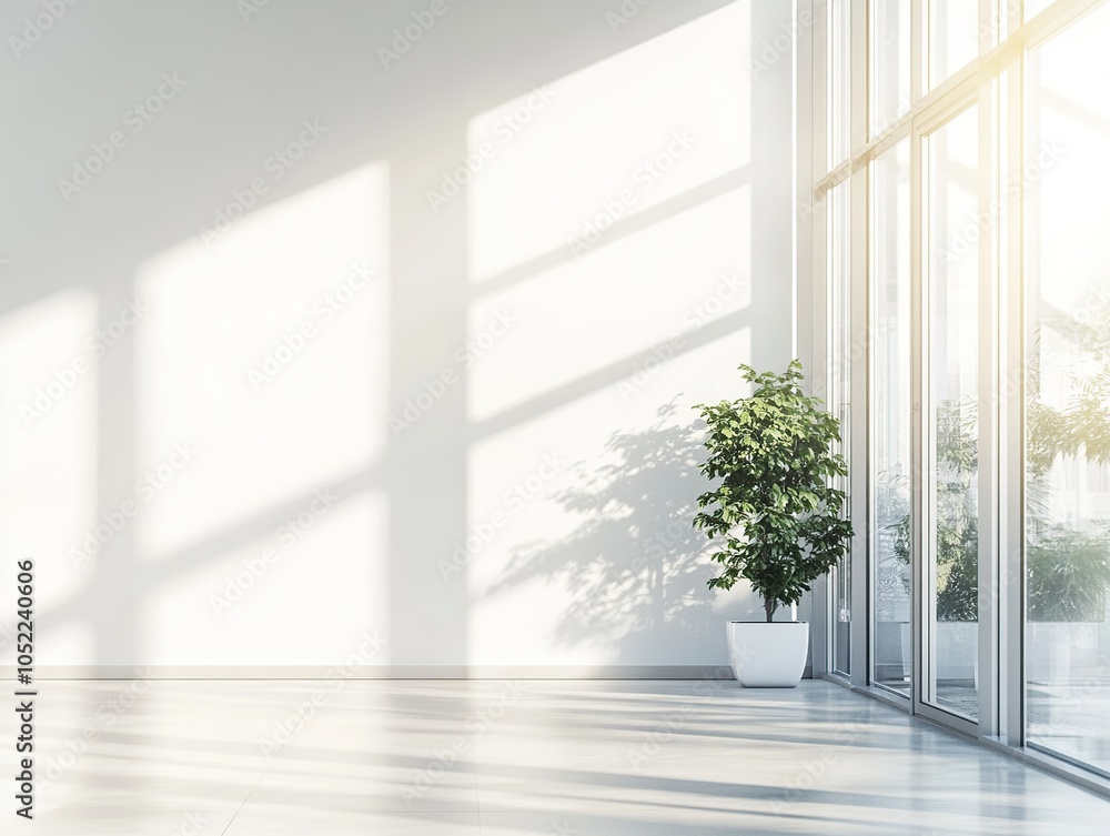 Fototapeta premium Minimalist room with large windows and natural light.