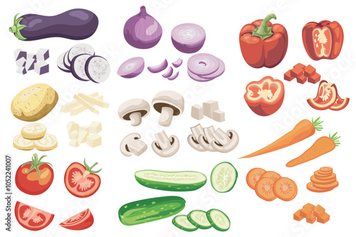 Sliced vegetables mega set elements in flat graphic design. Collection objects of hole eggplant, onion, pepper, potato, mushroom, carrot, tomato, cucumber and cutting pieces. Vector illustration.