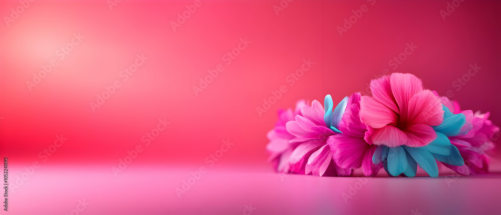 Fototapeta premium Colorful hibiscus flowers on a vibrant pink background create a cheerful and lively atmosphere.