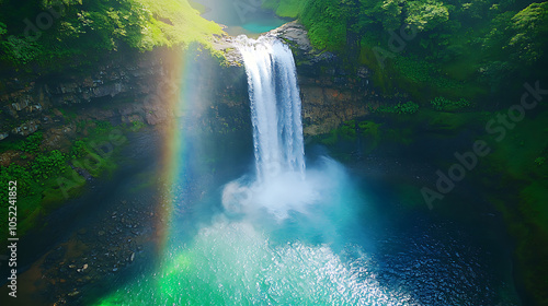 A dramatic waterfall plunging into a crystal-clear pool, with vibrant rainbow hues forming in the mist created by the falling water  photo