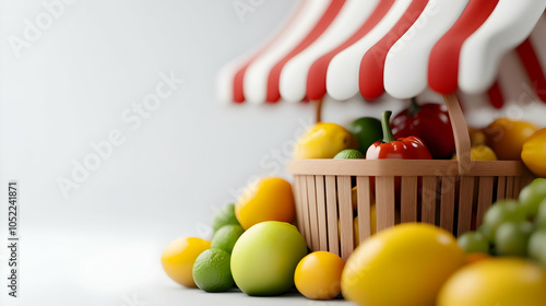 Wallpaper Mural Colorful fruits displayed near a wooden basket under a striped market tent on a white background. Torontodigital.ca