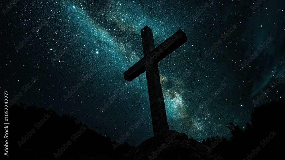 A cross-shaped constellation in a starry night sky, symbolizing the presence of spirituality in the universe. A cross-shaped constellation in a starry night sky, symbolizing the presence of spirituality in the universe.