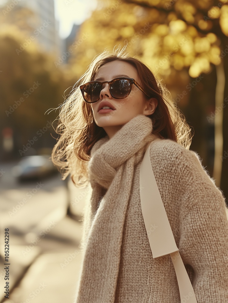 A woman with sunglasses in the street in a cozy outfit